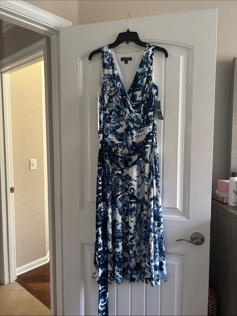 Ralph Lauren White & Navy Paisley Wrap Midi Dress
